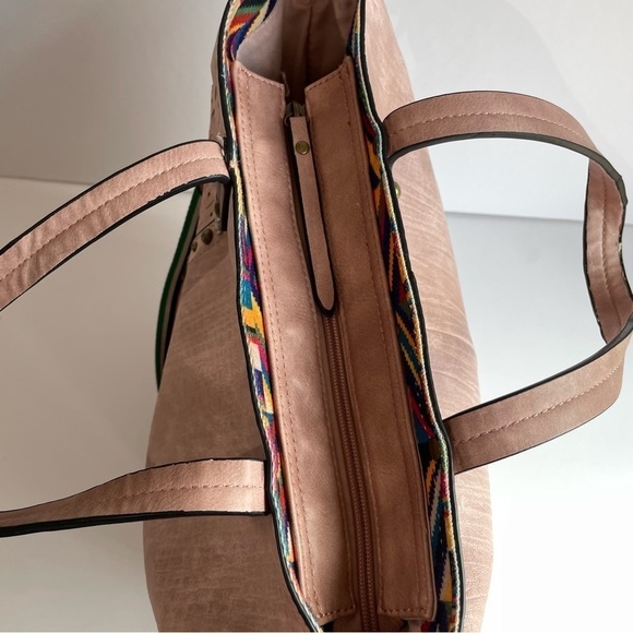 Paula Rossi Faux Leather Tote Large Pink Studded Crossbody Travel Boho Purse - Picture 8 of 11